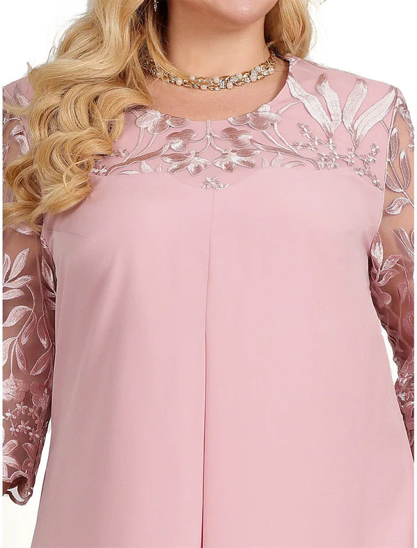 Luolandi Women's Plus Size Curve Party Dress Lace Dress Cocktail Dress Midi Dress Pink Dark Blue Light Blue 3/4 Length Sleeve Floral Lace Wedding Guest Mother of the Bride Dress
